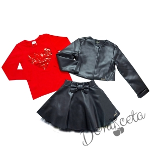 Комплект от 3 части-детска кожена пола  в черно, блузка в червено и кожено яке