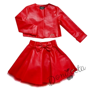 Комплект Contrats от кожена пола и късо кожено яке в червено за момиче