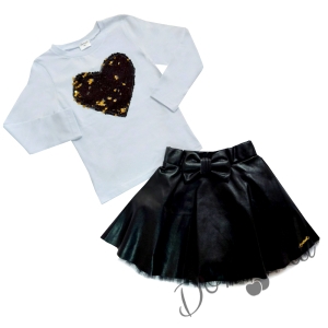 Детски комплект от кожена пола в черно и блузка в бяло със сърце от пайети