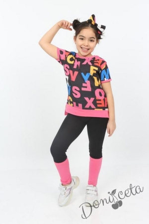 Детски комплект от тениска и клин в черно и розово с диадема