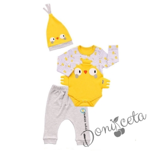 Бебешки комплект от 3 части - боди,панталонки и шапка с пате
