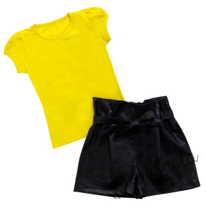 Комплект от детска тениска в жълто и кожени панталони в черно