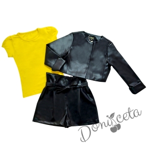Комплект от 3 части- къси кожени панталони, тениска в жълто и кожено яке в черно