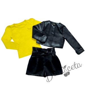 Комплект от 3 части- къси кожени панталони, блуза в жълто и кожено яке в черно
