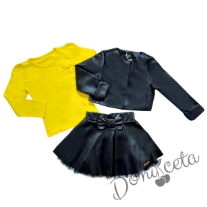 Комплект от 3 части-детска кожена пола  в черно, блузка в жълто и кожено яке