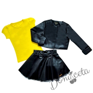Комплект от 3 части- кожена пола, тениска в жълто и кожено яке в черно