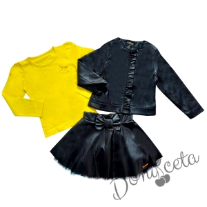 Комплект от 3 части- кожена пола в черно , блуза в жълто и кожено яке с цип 