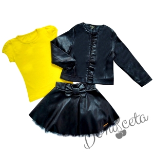 Комплект от 3 части- кожена пола в черно,тениска в жълто и кожено яке с цип 