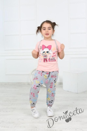 Детски комплект от 3 части - тениска с Лол в прасковено, панталон и раничка