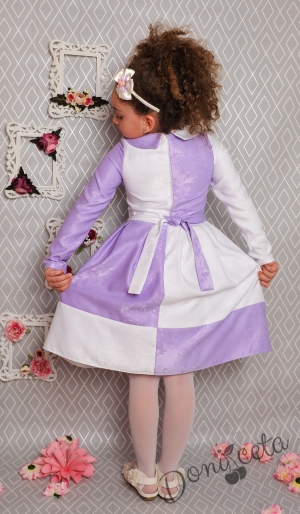 Официална детска рокля с дълъг ръкав в бяло и лилаво 243БЛДР