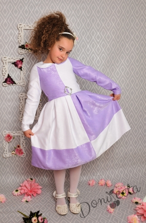 Официална детска рокля с дълъг ръкав в бяло и лилаво 243БЛДР