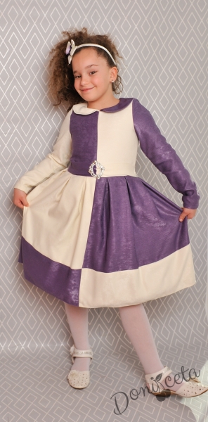 Официална детска рокля с дълъг ръкав в бяло и тъмно лилаво 243ЛЕДР