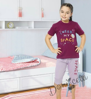 Детска пижама с къс ръкав с коте в лилаво с надпис