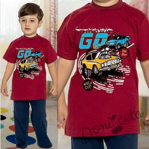 Детска пижама за момче с къс ръкав в бордо с коли