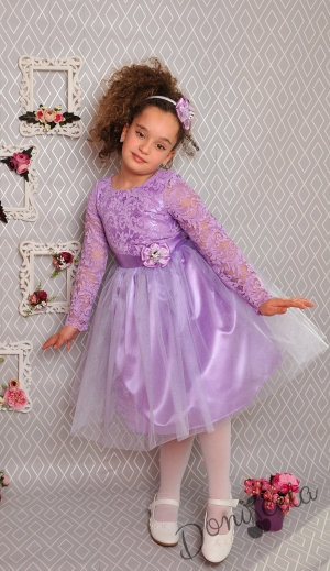 Официална детска рокля с дълъг ръкав с дантела и тюл в лилаво с голяма панделка 278 СЛДР