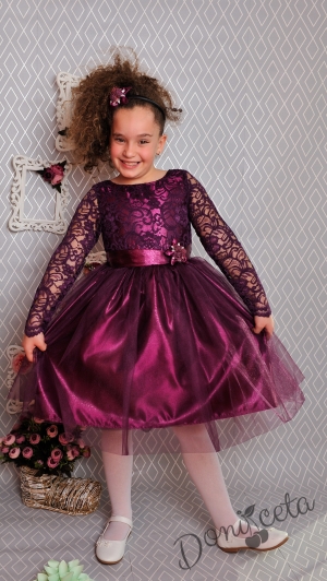 Официална детска рокля с дълъг ръкав с дантела и тюл в тъмнолилаво 278 ТЛДР