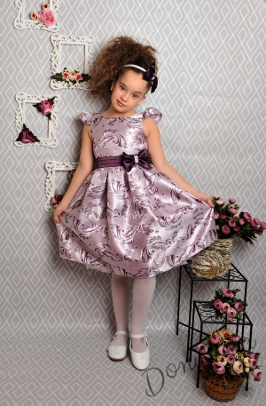 Официална детска рокля с къс ръкав в тъмнолилаво с коланче 223 ТСЛ