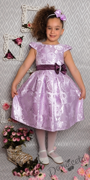 Официална детска рокля с къс ръкав в лилаво с коланче 223 СЛ