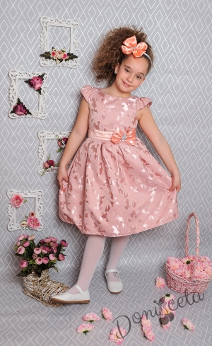 Официална детска рокля с къс ръкав в розово с коланче 223 ПЖ