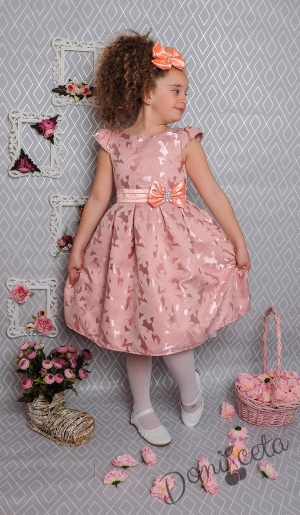Официална детска рокля с къс ръкав в розово с коланче 223 ПЖ