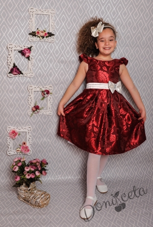 Официална детска рокля с къс ръкав  в бордо с коланче 223 ЗВЕ