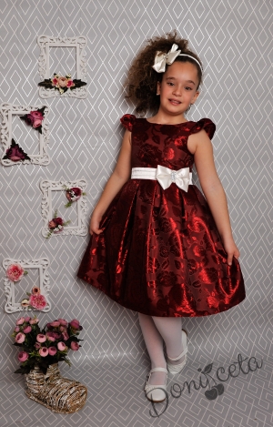 Официална детска рокля с къс ръкав  в бордо с коланче 223 ЗВЕ