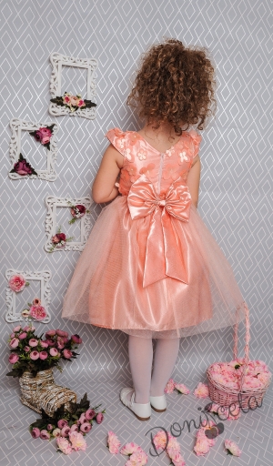 Детска официална рокля с къс ръкав в прасковено с тюл 278 ППТ