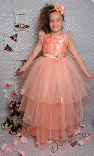 Официална дълга детска рокля в прасковено с 3D пеперуди и тюл 288 ППТД