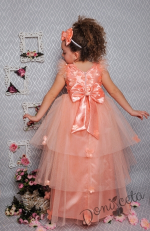 Официална дълга детска рокля в прасковено с 3D пеперуди и тюл 288 ППТД