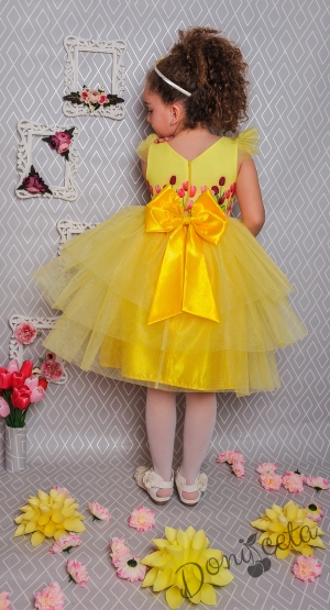 Официална детска рокля в жълто с лалета и тюл на пластове 288-290Л