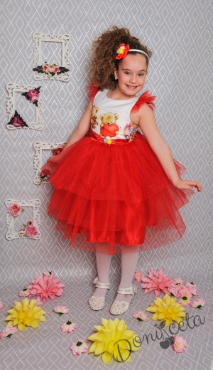 Официална детска рокля с мечета и тюл в червено 288-290М