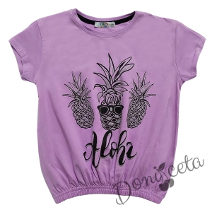 Детска тениска за момиче в лилаво с ананаси