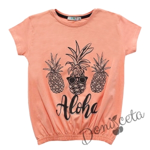 Детска тениска за момиче в прасковено с ананаси