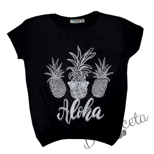 Детска тениска за момиче в черно с ананаси