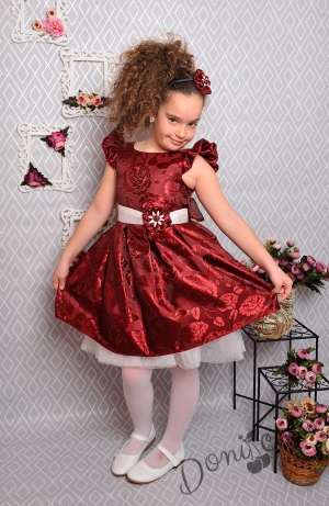 Официална детска рокля с къс ръкав  в бордо с коланче и тюл 297 ВЕ