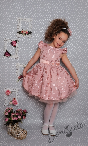 Официална детска рокля с къс ръкав в розово с коланче 297 ПЖ