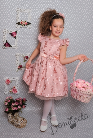 Официална детска рокля с къс ръкав в розово с коланче 297 ПЖ