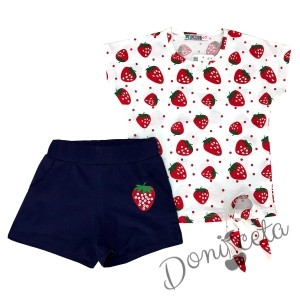 Детски комплект от тениска с ягоди в червено и къси панталонки в тъмносиньо