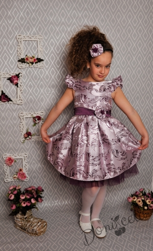 Официална детска рокля с къс ръкав в тъмнолилаво на цветя с тюл и коланче 297 ТСЛ