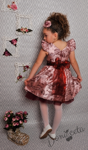 Официална детска рокля с къс ръкав в бордо на цветя с тюл и коланче 297 ФГВ