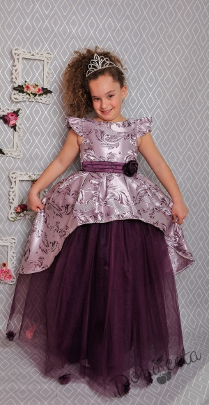 Официална дълга детска рокля в тъмнолилаво с тюл 379 ТСЛД