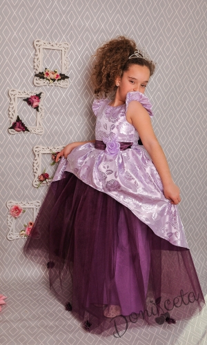 Официална дълга детска рокля в лилаво с тюл 379 СЛД