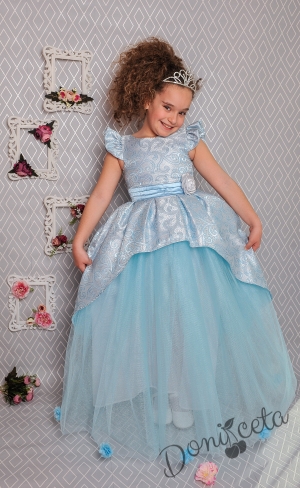 Официална дълга детска рокля в светлосиньо с тюл 379 ССД