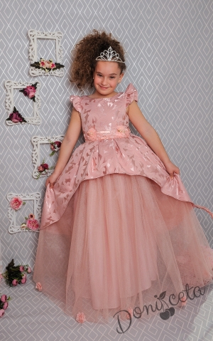 Официална дълга детска рокля в прасковено с тюл 379 ПД