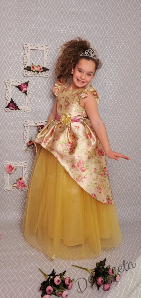 Официална дълга детска рокля в златисто с тюл 379 ЗФГРД