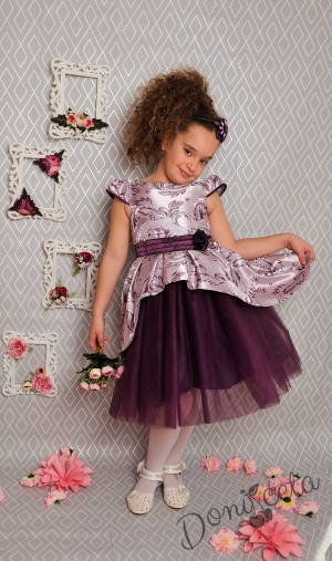Официална детска рокля с къс ръкав в тъмнолилаво на цветя с тюл 379 ТСЛ