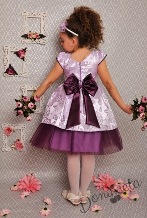 Официална детска рокля с къс ръкав в лилаво на цветя с тюл 379 СЛ