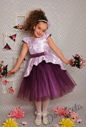 Официална детска рокля с къс ръкав в лилаво на цветя с тюл 379 СЛ