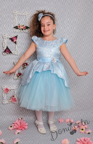 Официална детска рокля с къс ръкав в светлосиньо на цветя с тюл 379 СС