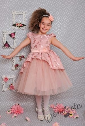 Официална детска рокля с къс ръкав в прасковено на цветя с тюл 379 П